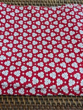 Red & White Floral Cotton "Crinkle" Fabric Remnant - 35" wide x 89" long